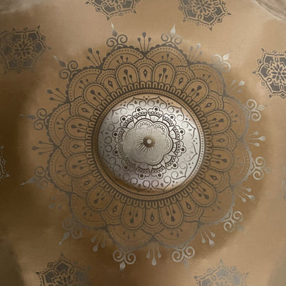 MiSoundofNature Mandala pattern Customized D Major Handmade 22 Inch 9 Notes Stainless Steel / Nitride Steel Handpan Drum, Available in 432 Hz and 440 Hz - Gold-plated Sound Area
