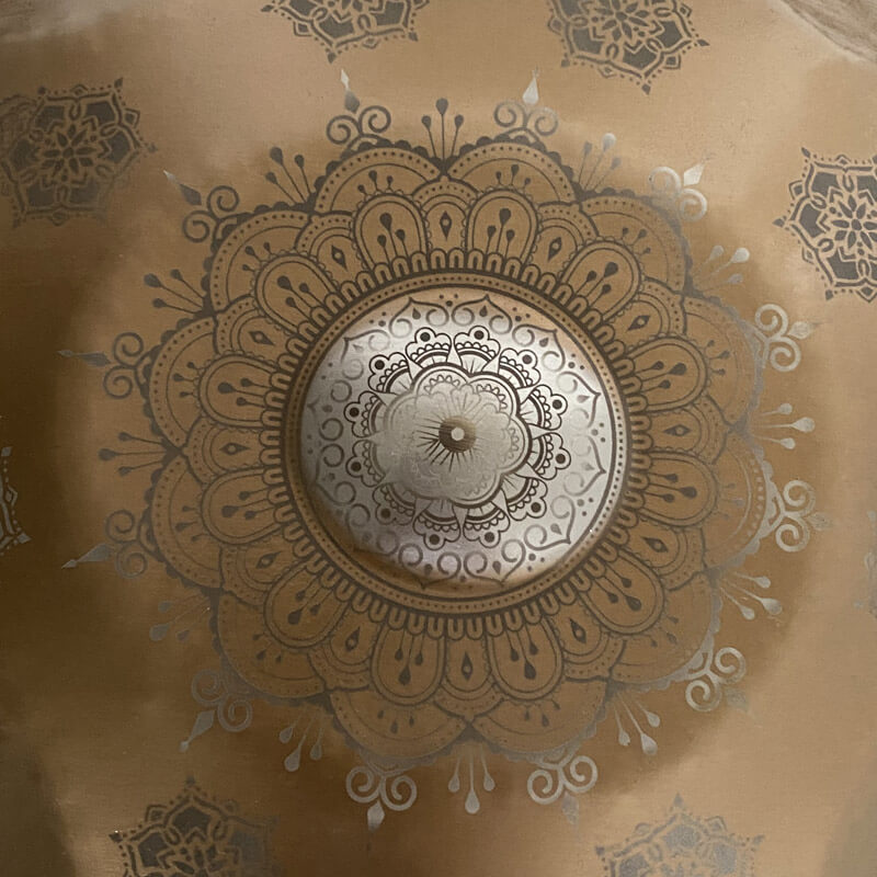 MiSoundofNature Royal Garden Mini Handpan 18" – Scala G Minor, 9 Note, Acciaio Inox Premium con Area Placcata Oro e Motivo Mandala, Disponibile in 432 Hz e 440 Hz