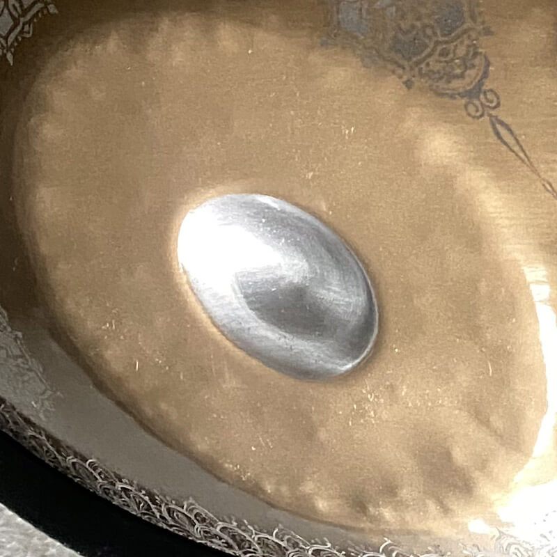 MiSoundofNature Mandala pattern Customized D Major Handmade 22 Inch 9 Notes Stainless Steel / Nitride Steel Handpan Drum, Available in 432 Hz and 440 Hz - Gold-plated Sound Area
