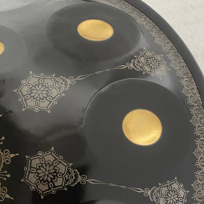 MiSoundofNature Royal Garden Customized Nitride Steel HandPan Drum C# Annaziska Scale 22 In 9 Notes, Available in 432 Hz and 440 Hz - Gold-plated Sound Area, Laser engraved Mandala pattern. Never fade.
