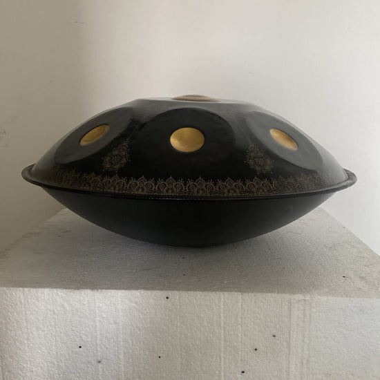 MiSoundofNature Royal Garden Customized Nitride Steel HandPan Drum C# Annaziska Scale 22 In 9 Notes, Available in 432 Hz and 440 Hz - Gold-plated Sound Area, Laser engraved Mandala pattern. Never fade.