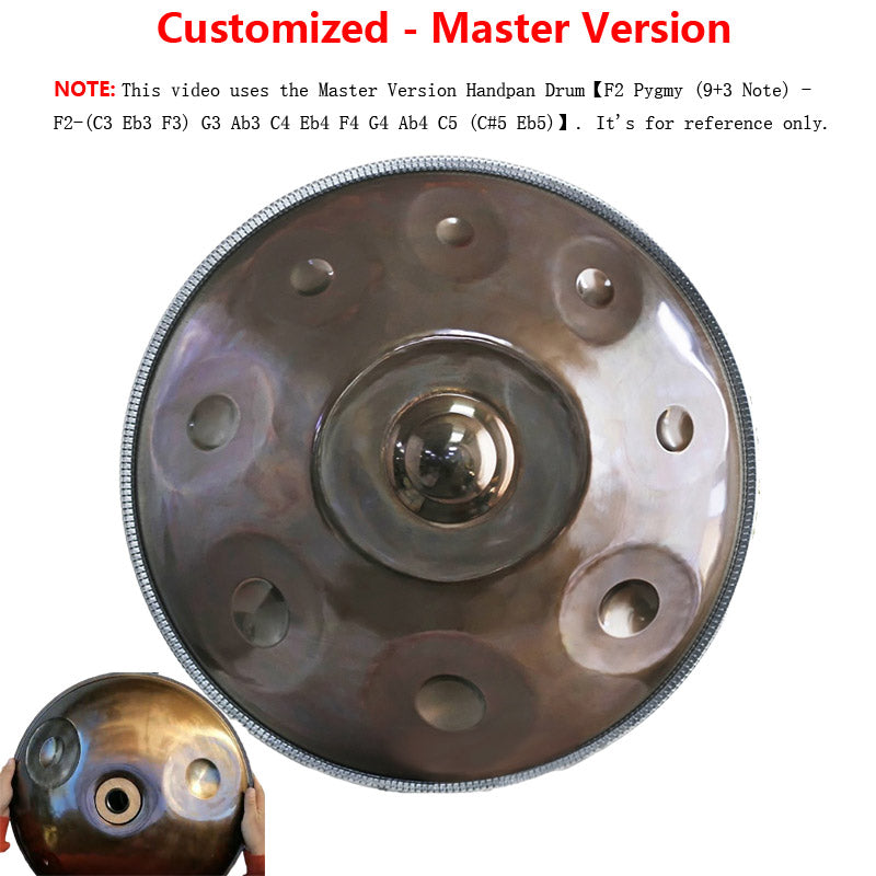 F2 Pygmy (9+3 Note) - F2-(C3 Eb3 F3) G3 Ab3 C4 Eb4 F4 G4 Ab4 C5 (C#5 Eb5) 1 HLURU Customized  Master Version  Standard Version High-end Stainless Steel Handpan Drum, Available in 432 Hz and 440 Hz, 22 Inch 910111213 Notes Profess