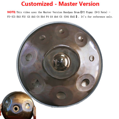 F2 Pygmy (9+3 Note) - F2-(C3 Eb3 F3) G3 Ab3 C4 Eb4 F4 G4 Ab4 C5 (C#5 Eb5) 2 HLURU Customized  Master Version  Standard Version High-end Stainless Steel Handpan Drum, Available in 432 Hz and 440 Hz, 22 Inch 910111213 Notes Profess