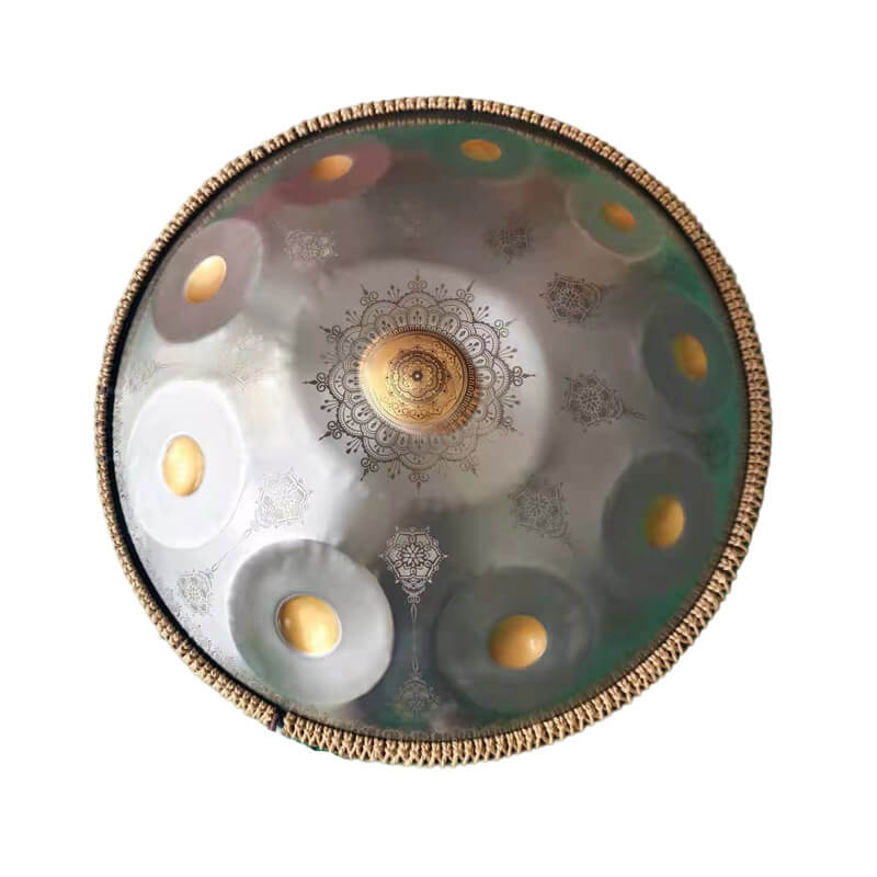 MiSoundofNature Royal Garden Customized Stainless Steel HandPan Drum E La Sirena Scale 22 In 9/10/12 Notes, Available in 432 Hz and 440 Hz - Gold-plated Sound Area, Laser engraved Mandala pattern. Never fade.