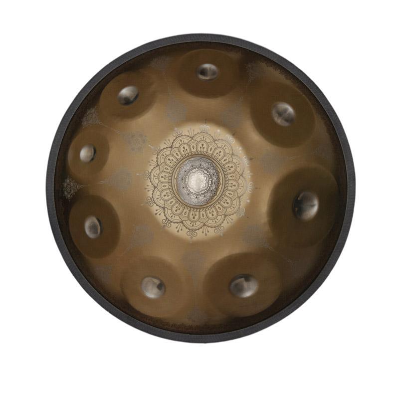 HLURU Royal Garden Mini Handpan Drum Handmade Kurd Scale G Minor 18 Inch 9 Notes, Available in 432 Hz and 440 Hz, Featured High-end Stainless Steel Percussion Instrument - Gold-plated Sound Area, Laser engraved Mandala pattern. Never fade. - HLURU