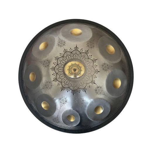 MiSoundofNature Royal Garden Mini Handpan Drum Handmade Kurd Scale G Minor 18 Inch 9 Notes, Available in 432 Hz and 440 Hz, Featured High-end Stainless Steel Percussion Instrument - Gold-plated Sound Area, Laser engraved Mandala pattern. Never fade. - MiSoundofNature